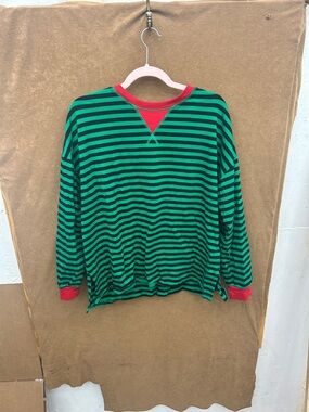 Green and Black Striped Men's Sweater with Red Trim